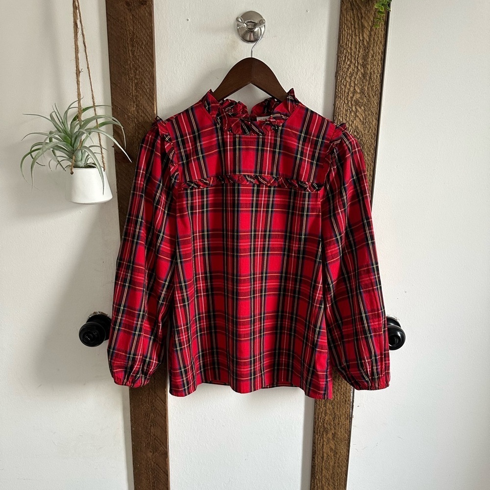 New J. Crew Red Tartan Plaid Cotton Poplin Top with Ruffles Women’s Size XXS